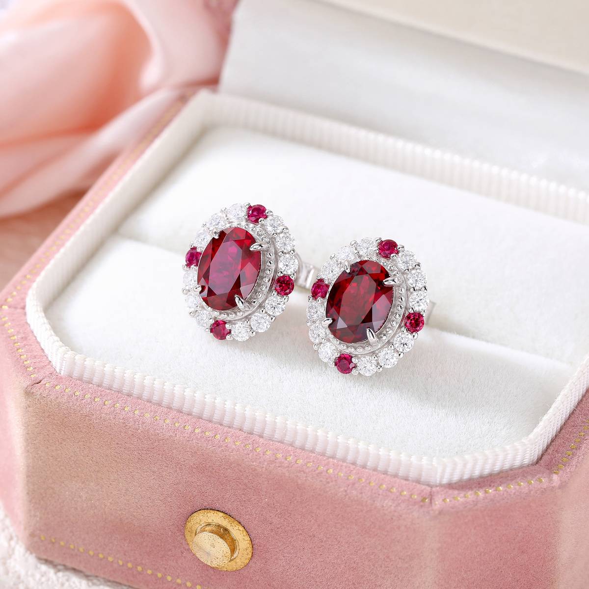 ECB7002银镀18K白金蛋形培育红宝宫廷风鸽子蛋耳环8*6mm/1.5ct*2粒